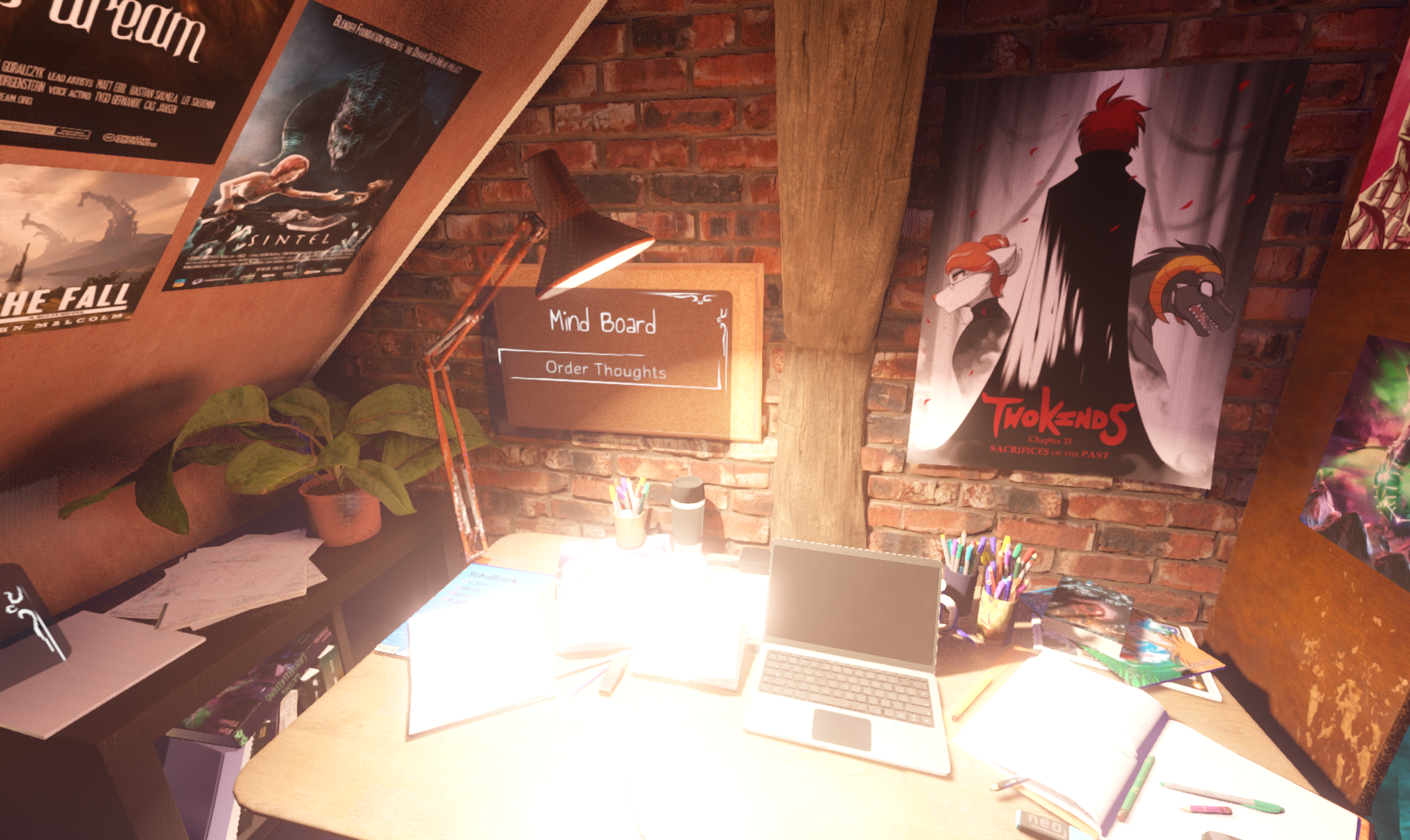 Screenshot of a realistic messy teenage-room desk in a warm room. A pinboard is labelled with "mind board" and has an "order thoughts" button.